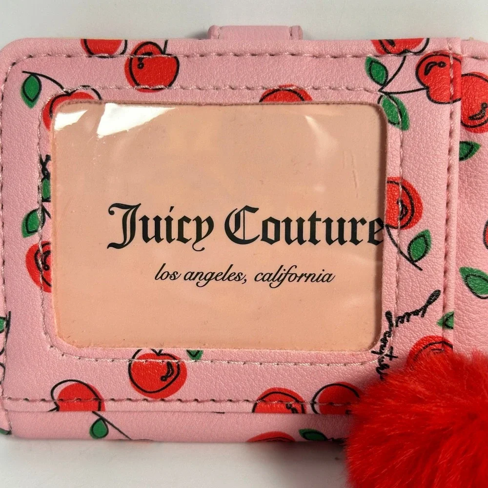 Juicy Couture Card Case Wallet Womens Pink Cherry Print Pom Keychain Excellent